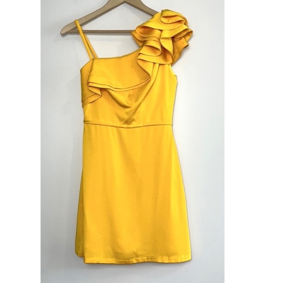 17. Mac Duggal leena Ruffle One Shoulder Mini Dress Lemon Yellow-12 - Picture 11 of 16